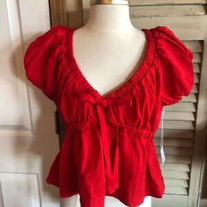 Sienna Sky Red Puff Sleeve V-Neck Peplum Blouse
